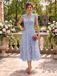 Cap Sleeves Tea Length Stand Collar Tulle Mother of the Bride/Groom Dresses