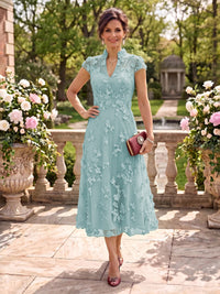 Cap Sleeves Tea Length Stand Collar Tulle Mother of the Bride/Groom Dresses