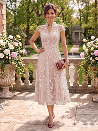 Cap Sleeves Tea Length Stand Collar Tulle Mother of the Bride/Groom Dresses