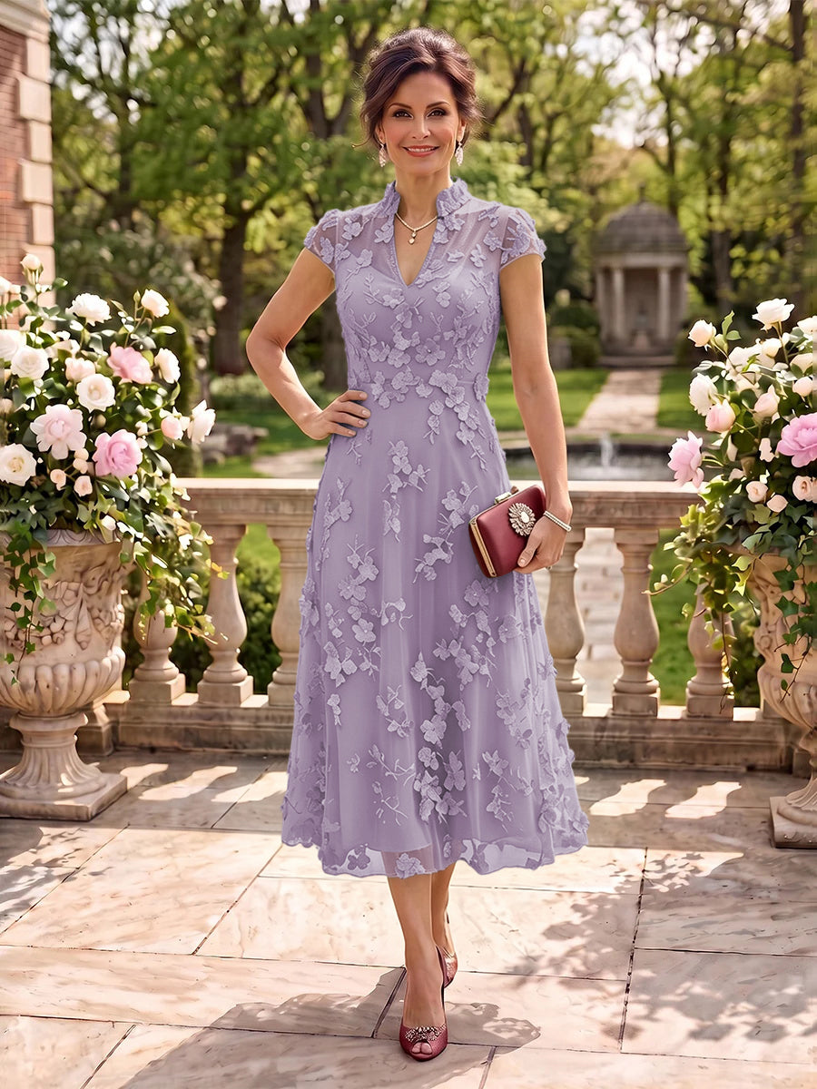 Cap Sleeves Tea Length Stand Collar Tulle Mother of the Bride/Groom Dresses