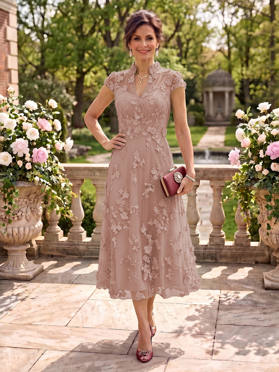 Cap Sleeves Tea Length Stand Collar Tulle Mother of the Bride/Groom Dresses