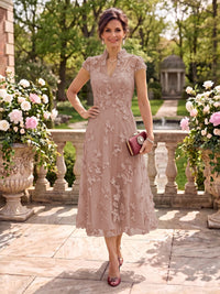 Cap Sleeves Tea Length Stand Collar Tulle Mother of the Bride/Groom Dresses