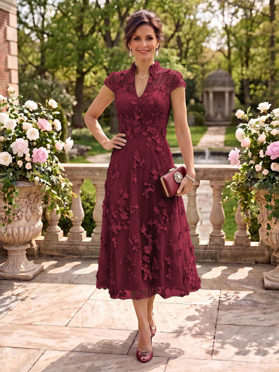 Cap Sleeves Tea Length Stand Collar Tulle Mother of the Bride/Groom Dresses