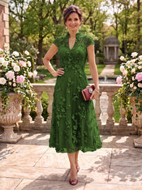 Cap Sleeves Tea Length Stand Collar Tulle Mother of the Bride/Groom Dresses