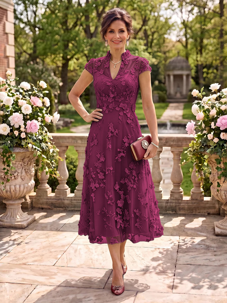 Cap Sleeves Tea Length Stand Collar Tulle Mother of the Bride/Groom Dresses