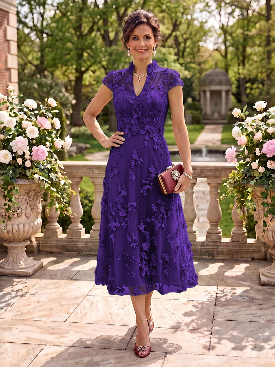 Cap Sleeves Tea Length Stand Collar Tulle Mother of the Bride/Groom Dresses