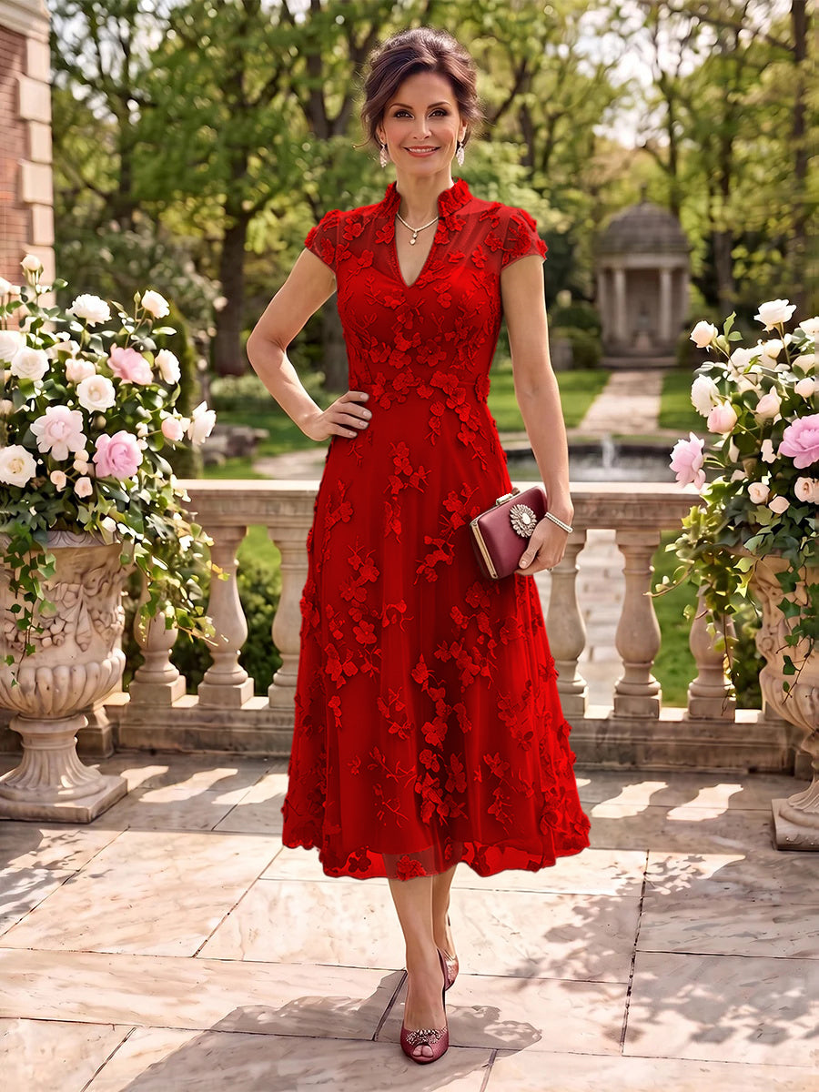 Cap Sleeves Tea Length Stand Collar Tulle Mother of the Bride/Groom Dresses