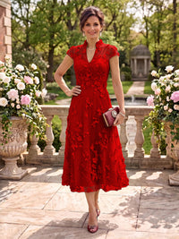 Cap Sleeves Tea Length Stand Collar Tulle Mother of the Bride/Groom Dresses
