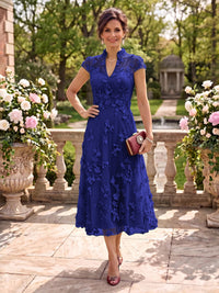 Cap Sleeves Tea Length Stand Collar Tulle Mother of the Bride/Groom Dresses