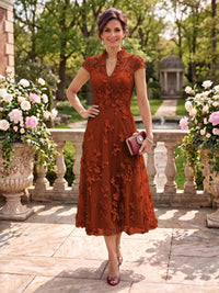 Cap Sleeves Tea Length Stand Collar Tulle Mother of the Bride/Groom Dresses