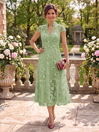 Cap Sleeves Tea Length Stand Collar Tulle Mother of the Bride/Groom Dresses