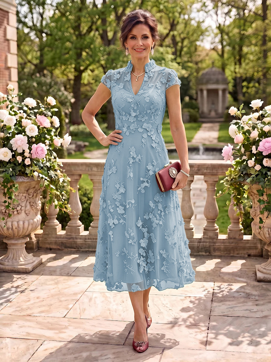 Cap Sleeves Tea Length Stand Collar Tulle Mother of the Bride/Groom Dresses