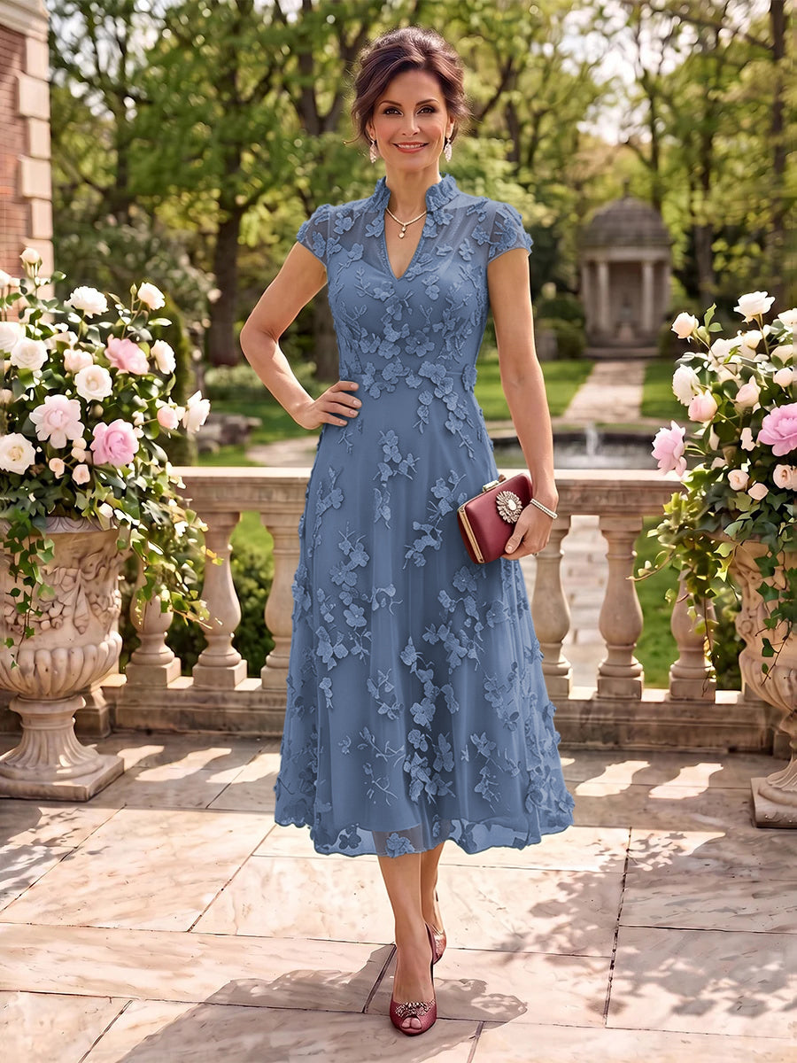 Cap Sleeves Tea Length Stand Collar Tulle Mother of the Bride/Groom Dresses