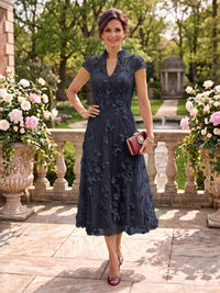 Cap Sleeves Tea Length Stand Collar Tulle Mother of the Bride/Groom Dresses
