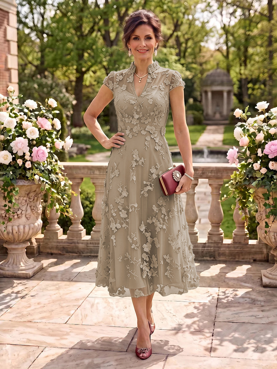 Cap Sleeves Tea Length Stand Collar Tulle Mother of the Bride/Groom Dresses