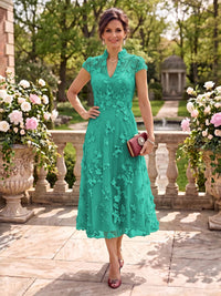 Cap Sleeves Tea Length Stand Collar Tulle Mother of the Bride/Groom Dresses