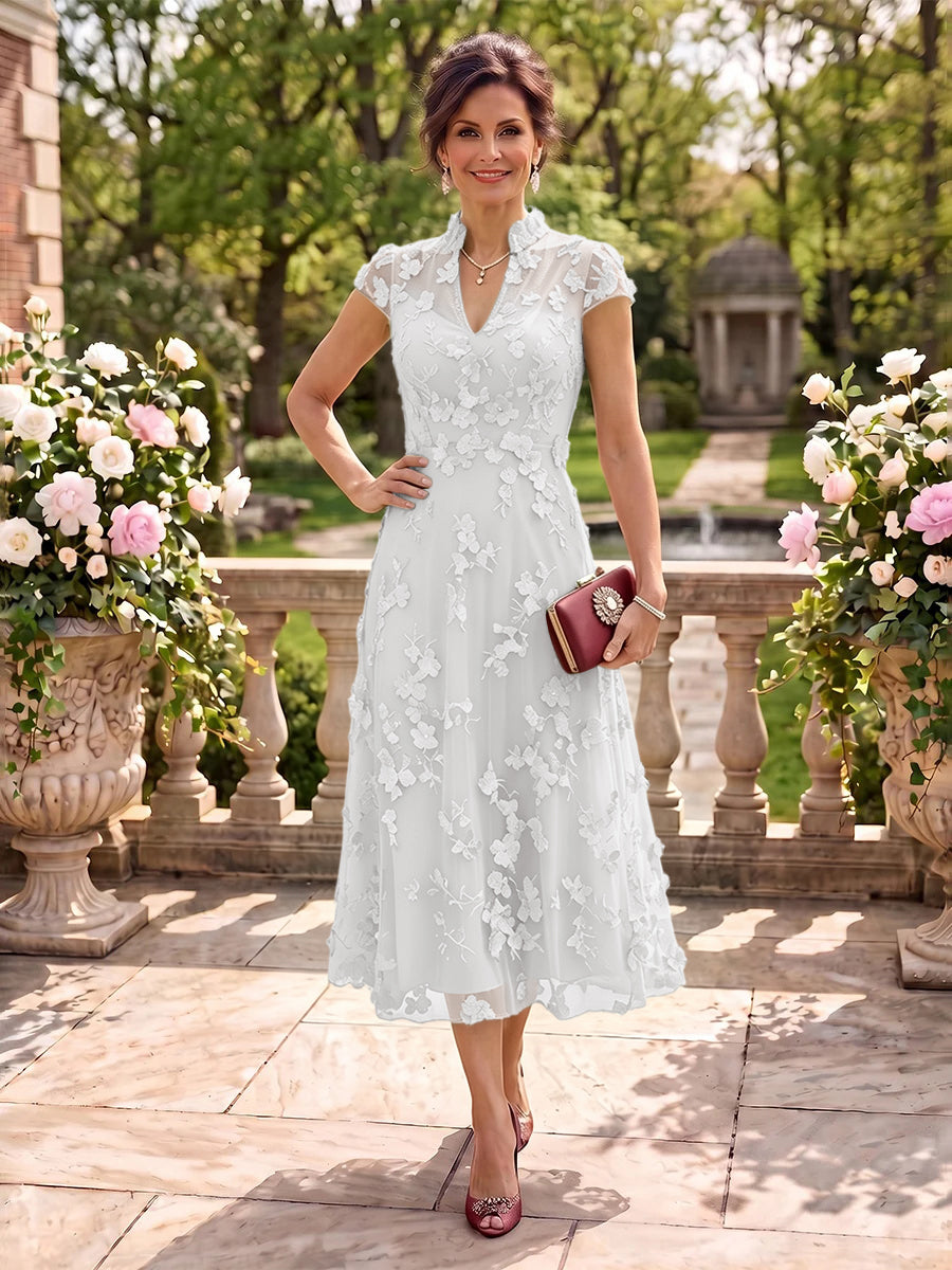 Cap Sleeves Tea Length Stand Collar Tulle Mother of the Bride/Groom Dresses
