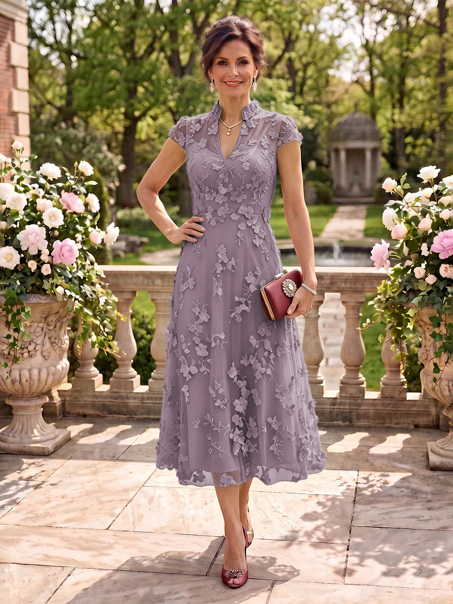 Cap Sleeves Tea Length Stand Collar Tulle Mother of the Bride/Groom Dresses