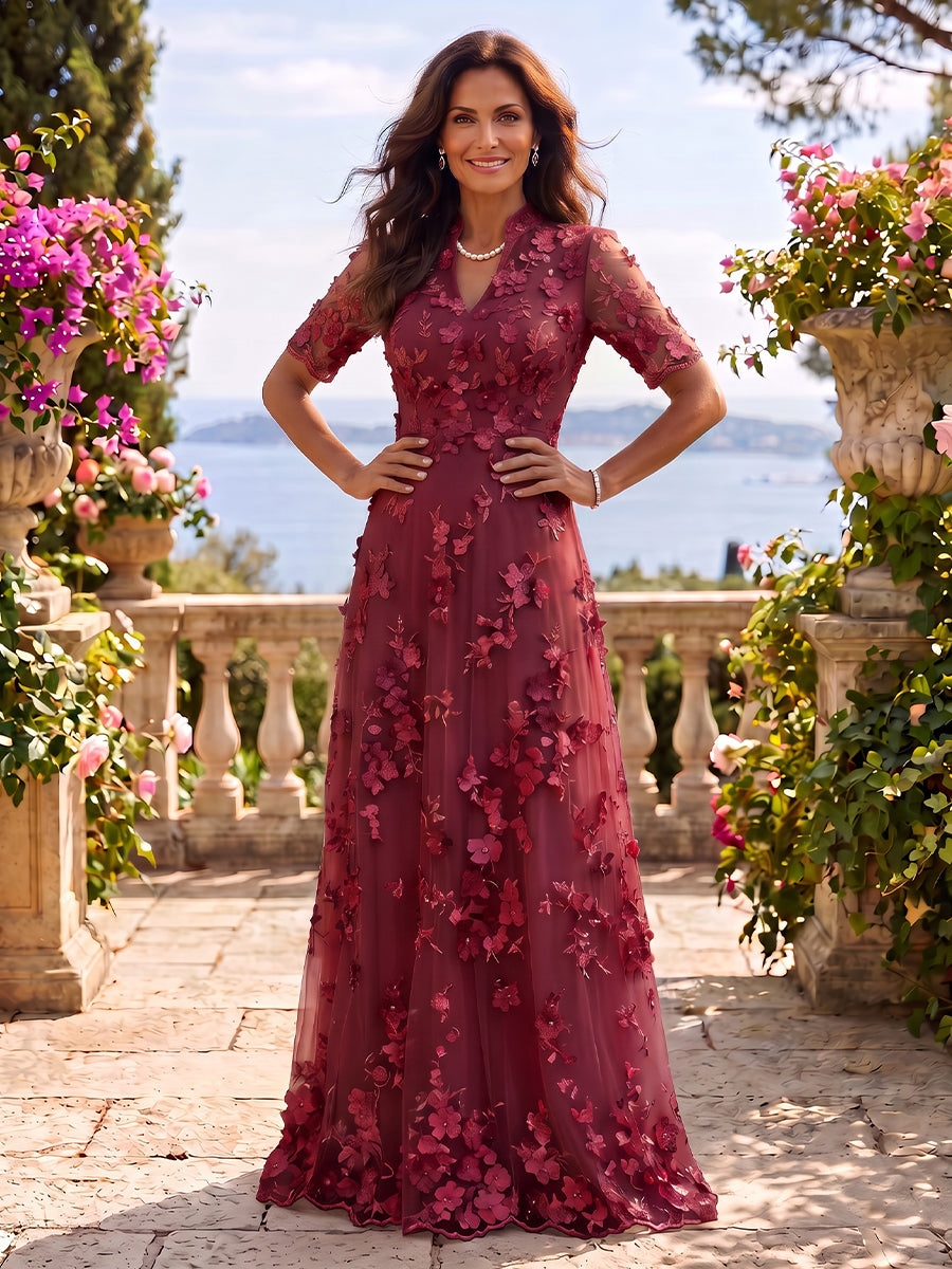 Stand Collar Tulle Short Sleeves Long Mother of the Bride/Groom Dresses