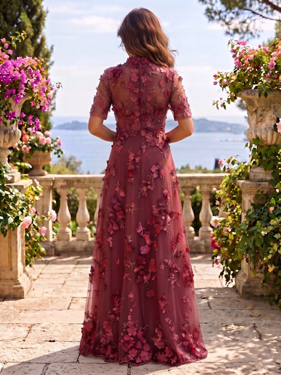 Stand Collar Tulle Short Sleeves Long Mother of the Bride/Groom Dresses