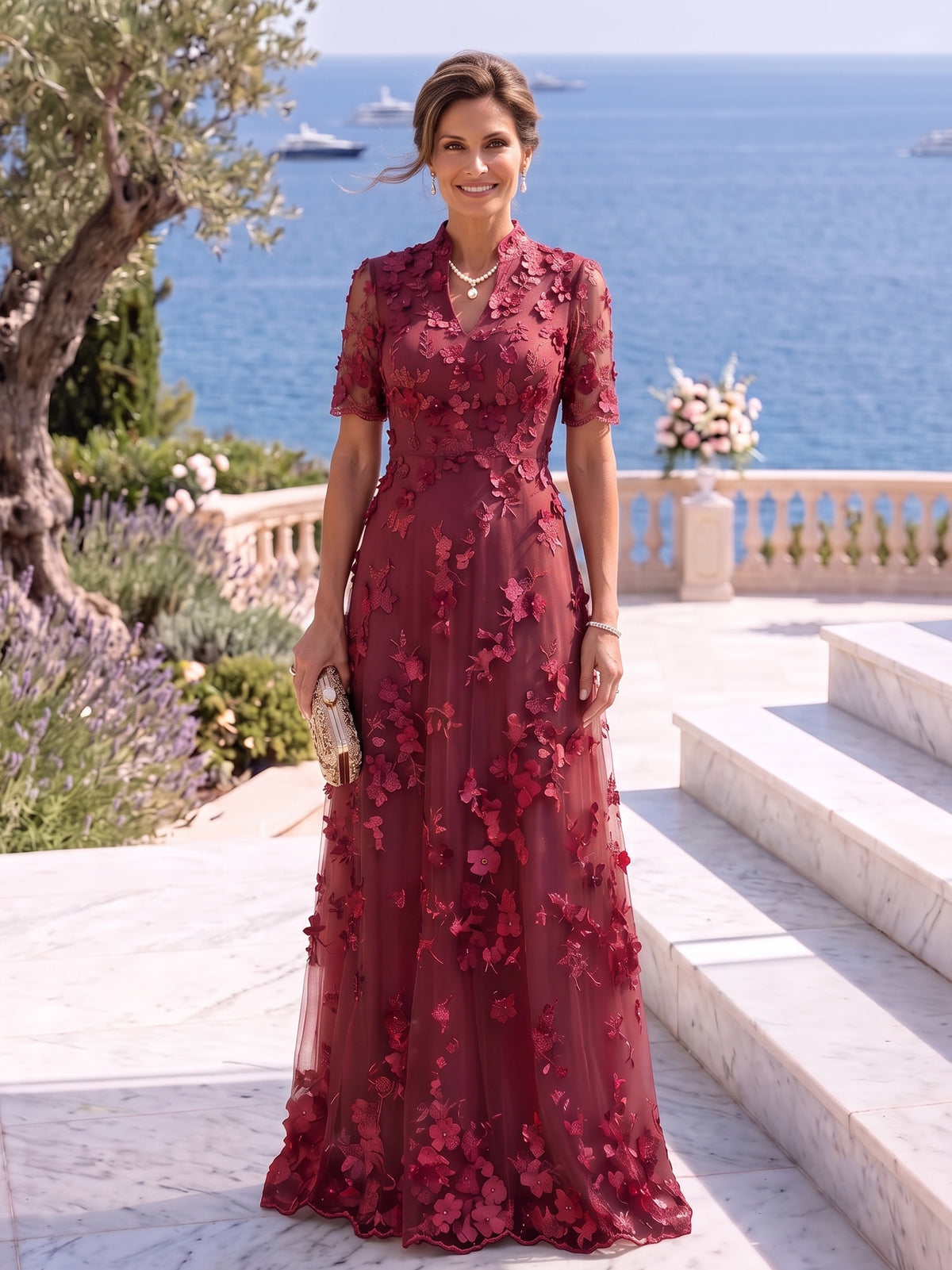 Stand Collar Tulle Short Sleeves Long Mother of the Bride/Groom Dresses
