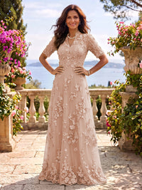 Stand Collar Tulle Short Sleeves Long Mother of the Bride/Groom Dresses