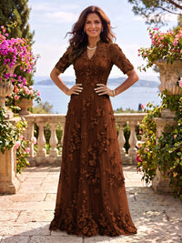 Stand Collar Tulle Short Sleeves Long Mother of the Bride/Groom Dresses
