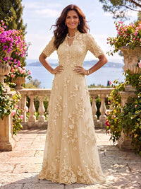 Stand Collar Tulle Short Sleeves Long Mother of the Bride/Groom Dresses
