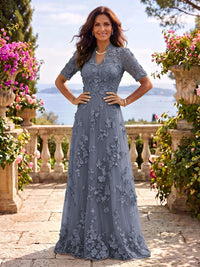 Stand Collar Tulle Short Sleeves Long Mother of the Bride/Groom Dresses