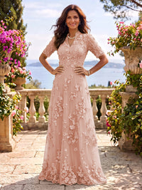 Stand Collar Tulle Short Sleeves Long Mother of the Bride/Groom Dresses