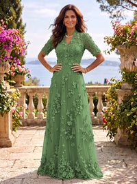 Stand Collar Tulle Short Sleeves Long Mother of the Bride/Groom Dresses