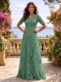Stand Collar Tulle Short Sleeves Long Mother of the Bride/Groom Dresses