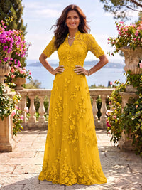 Stand Collar Tulle Short Sleeves Long Mother of the Bride/Groom Dresses