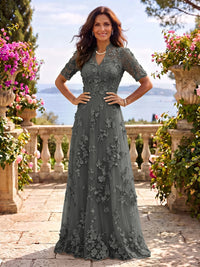 Stand Collar Tulle Short Sleeves Long Mother of the Bride/Groom Dresses