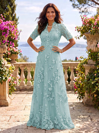 Stand Collar Tulle Short Sleeves Long Mother of the Bride/Groom Dresses