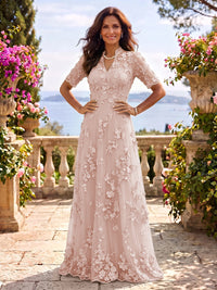 Stand Collar Tulle Short Sleeves Long Mother of the Bride/Groom Dresses