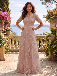 Stand Collar Tulle Short Sleeves Long Mother of the Bride/Groom Dresses