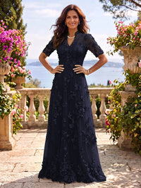 Stand Collar Tulle Short Sleeves Long Mother of the Bride/Groom Dresses