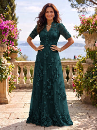 Stand Collar Tulle Short Sleeves Long Mother of the Bride/Groom Dresses