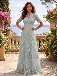 Stand Collar Tulle Short Sleeves Long Mother of the Bride/Groom Dresses