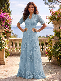 Stand Collar Tulle Short Sleeves Long Mother of the Bride/Groom Dresses
