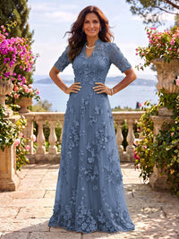 Stand Collar Tulle Short Sleeves Long Mother of the Bride/Groom Dresses