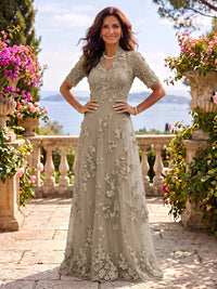 Stand Collar Tulle Short Sleeves Long Mother of the Bride/Groom Dresses