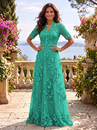 Stand Collar Tulle Short Sleeves Long Mother of the Bride/Groom Dresses