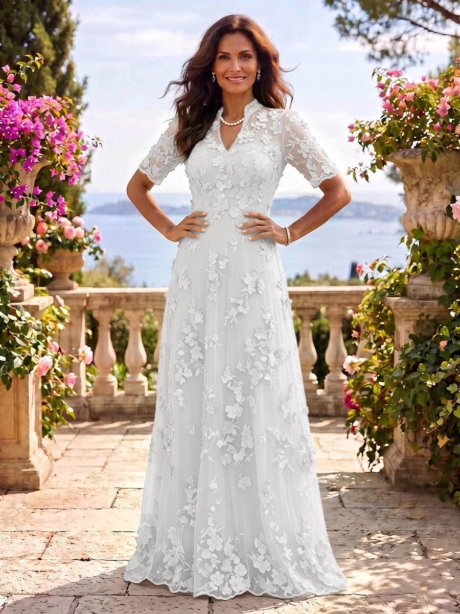 Stand Collar Tulle Short Sleeves Long Mother of the Bride/Groom Dresses