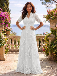 Stand Collar Tulle Short Sleeves Long Mother of the Bride/Groom Dresses