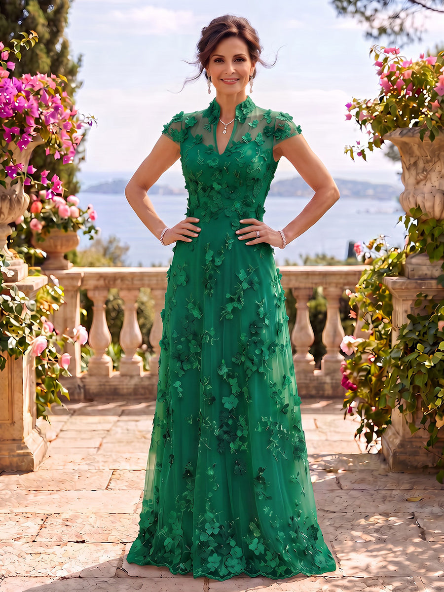 Cap Sleeves Stand Collar Tulle Long Mother of the Bride/Groom Dresses