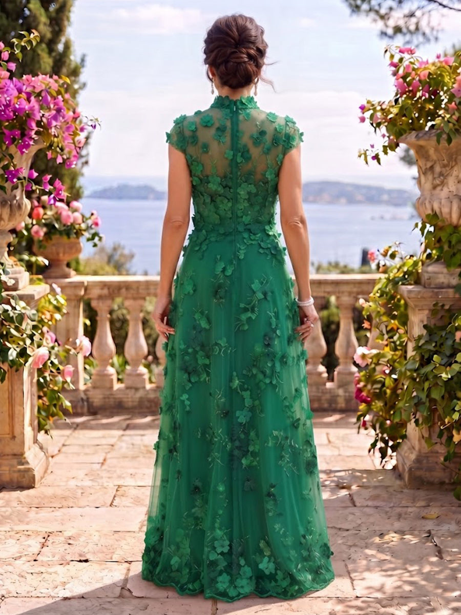 Cap Sleeves Stand Collar Tulle Long Mother of the Bride/Groom Dresses