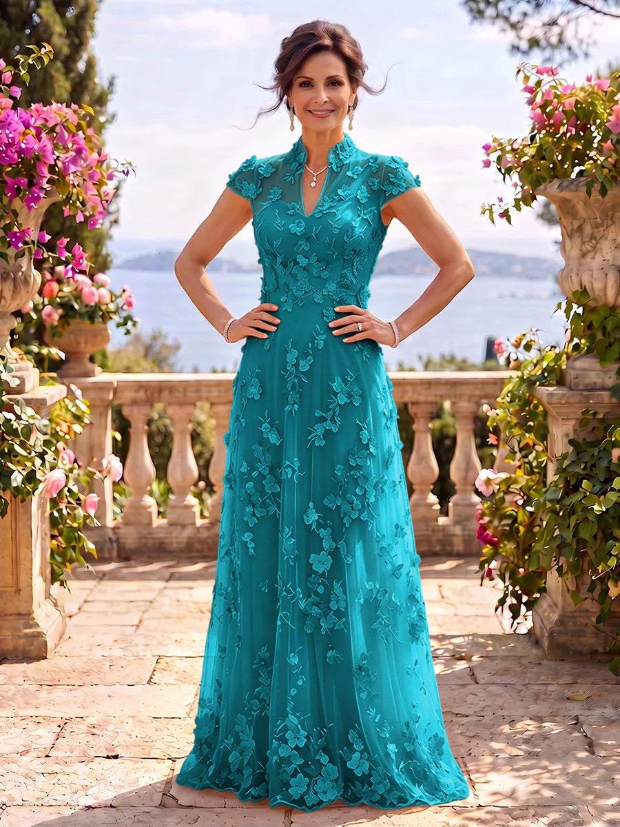 Cap Sleeves Stand Collar Tulle Long Mother of the Bride/Groom Dresses