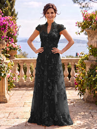 Cap Sleeves Stand Collar Tulle Long Mother of the Bride/Groom Dresses